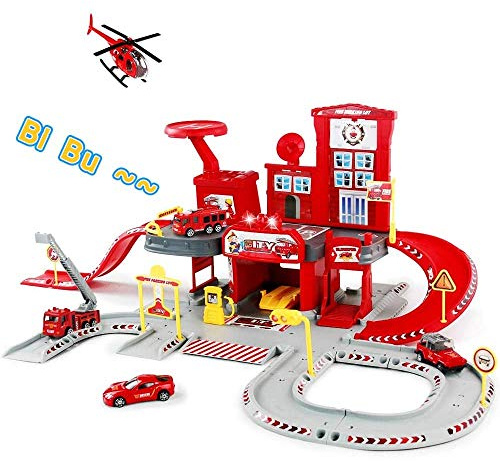 BAKAJI Garage Stazione Vigili del Fuoco Giocattolo Bambini con Pompa Benzina Rampe a Scivolo Pista Sirena Funzionante Luci e Suoni + Veicoli Elicottero Camion Macchinine Pompieri