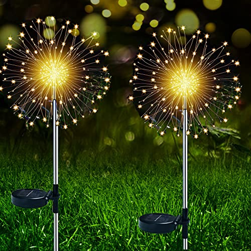 ZVO Luces Solares de Fuegos Artificiales, 2 Unidades 150 LED Luces Hadas Starburst, 2 modos Lámparas Solares para Jardín Impermeables para Jardín, Camino, Navidad, Césped, Boda (Blanco cálido)