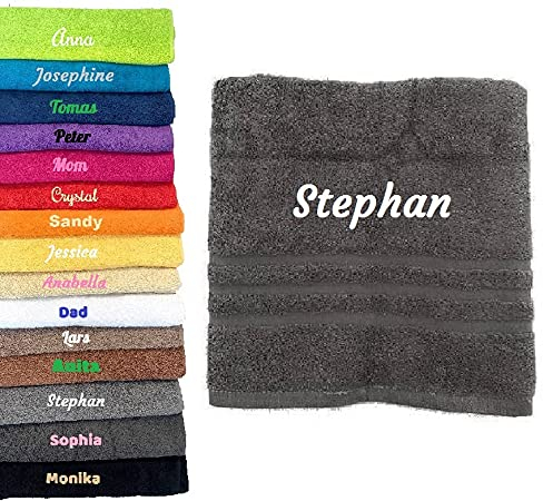 Pet-Jos Handtuch mit Namen oder Wunschtext Bestickt, personalisiertes Duschtuch 100% Baumwolle, 100 x 50 cm anthrazit