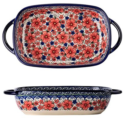 Bicuzat Plat de cuisson en céramique avec poignées pour lasagnes et fleurs de cerisier de style vintage, 680,4 g
