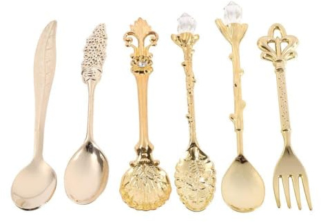 Cucchiaino da caffè in cristallo retrò da 6 pezzi, set di cucchiaini da caffè intagliati in lega di zinco stile vintage Cucchiaio da dessert in oro Cucchiai da gelato per caffè espresso(Oro)