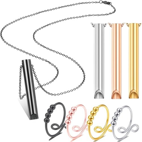 Yhuasia Rauchentwöhnung Hilfsmittel, 4 Atemkette Rauchentwöhnung+4 Anxiety Ring, Meditation Atmung Halskette Für Herren Damen Entspannung Relief Angstzustände