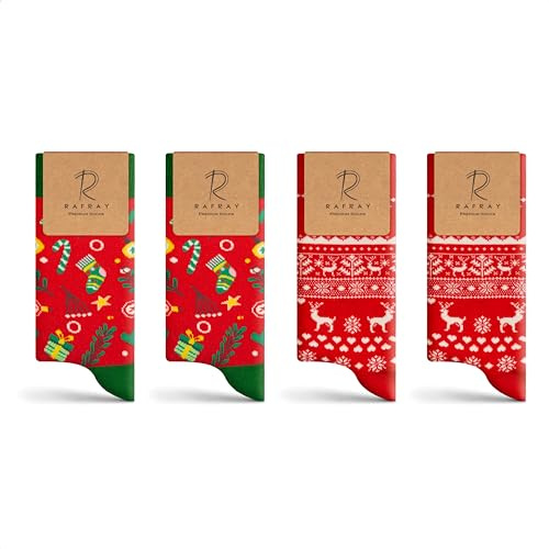 RAFRAY Julstrumpor – Red Deer & Mönstrade Julsockor i Presentbox – Premiumbomull – 4 Par – Storlek 36–40