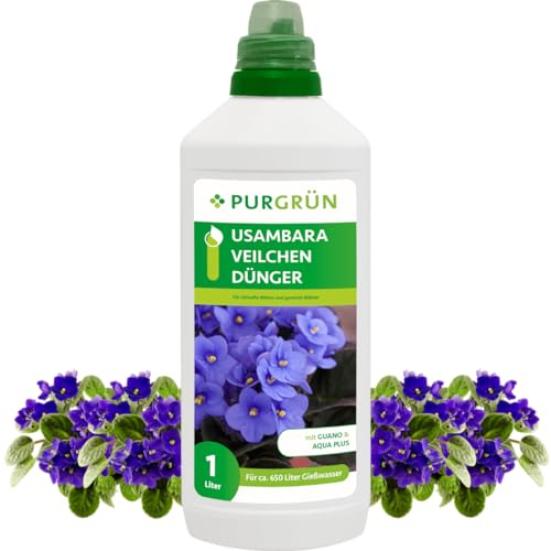 Purgrün® Usambaraveilchen-Dünger 1 Liter – Fördert die Blütenbildung – Premium-Flüssigdünger mit Spurennährstoffen – Erhöhte Widerstandskraft dank Kalium – Konzentrat für 400 Liter Gießwasser
