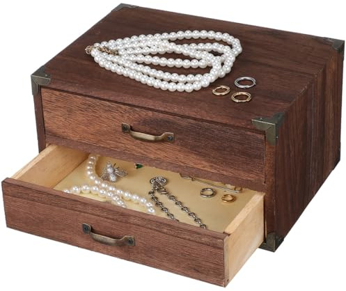 Kichvoe Wooden Drawer Storage Box Vintage Desktop Storage Case with 2 Drawers Wooden Desk Organizer for Office Stationery Makeup Jewelry Home Dorm Room and Small Spaces