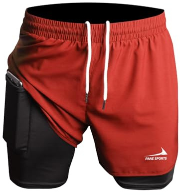 Rane Sports Pantalones Cortos Deportivos 2 en 1 para Hombre, Ideales para Gimnasio, maratón, Entrenamiento al Aire Libre Rojo Anaranjado XL
