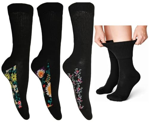 OnlyBee Ladies extra Wide Diabetic Floral Design Socks 3 Pairs