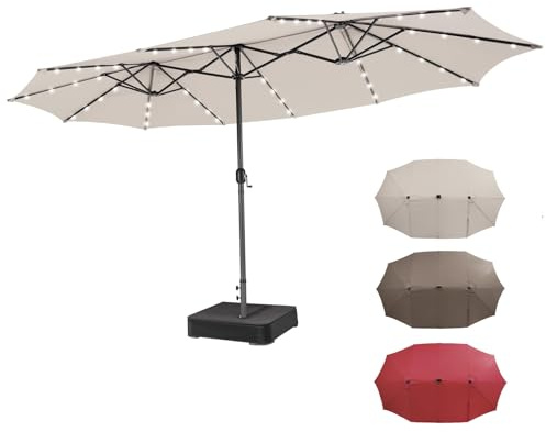 RELAX4LIFE Ombrellone Doppio da Giardino 4,5x 2,6m con Luci LED, Ombrellone Grande con Base, Apertura Manovella, Tetti Ventilati Parasole per Patio, Cortile, Ristorante (Beige-Base+Luci, 4,5 x 2,6 M)