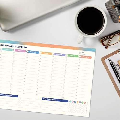 Lot de 50 feuilles de planificateur hebdomadaire A4 29,7 x 21 cm - Sous-main de bureau - Liste des tâches - Suivi des habitudes - Sans date fixe - Pour la famille, l'école, le bureau (français)