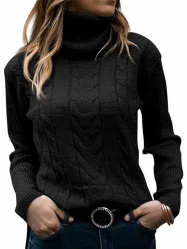 CheChury Jersey de Punto de Cuello Alto para Mujer Elegante Suéter Manga Larga Cómodo Elástico de Corte Patrón de Cable Jersey Cable Knitted Lana Casual Suéter Cuello Redondo Pullover