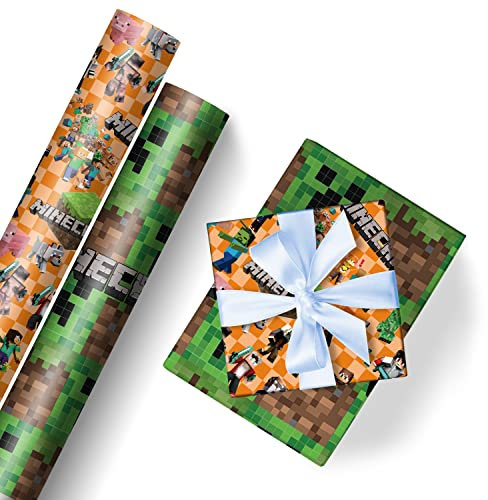 HOOKTA 10 Stück Spiel Geschenkpapier 51 x 75 cm Kraftpapier Langlebig Geschenkpapierbögen für Kindergeburtstage Party Festliche Dekoration (Grün Kariert & Orange)