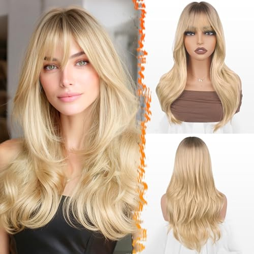 BARSDAR Parrucca Lungo Ombre Biondo con Frangia, 50cm Layered Parrucca Radici Scure per le Donne Naturali Capelli Sintetici Ondulato Parrucche con Frangia Uso Quotidiano Partito Cosplay Wear