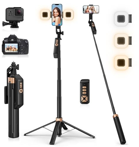 Avaspot 180CM Phone Tripod with 2 Fill Lights, 71 Extendable Tripod for iPhone & Selfie Stick with Detachable Remote, 360° Rotatable, Compatible with Smartphone/Camera