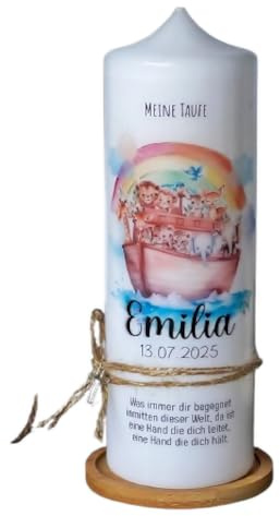 Baptism Candle, Communion Candle Boat Emilia - for Boys and Girls, Personalised with Name, Date and Baptism Saying | Candle Noah's Ark - Rainbow