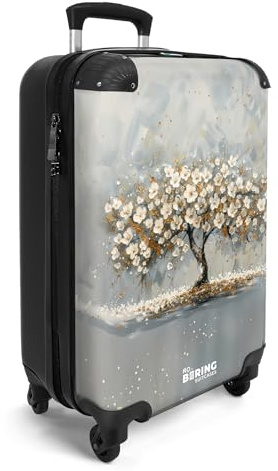 NoBoringSuitcases.com® Handgepäck Koffer 55x35x20 cm Trolley Carry on Handgepäckkoffer 4 Rollen Leicht Kabinentrolley Hartschalenkoffer Lebensbaum - Gold - Weiß - Luxus