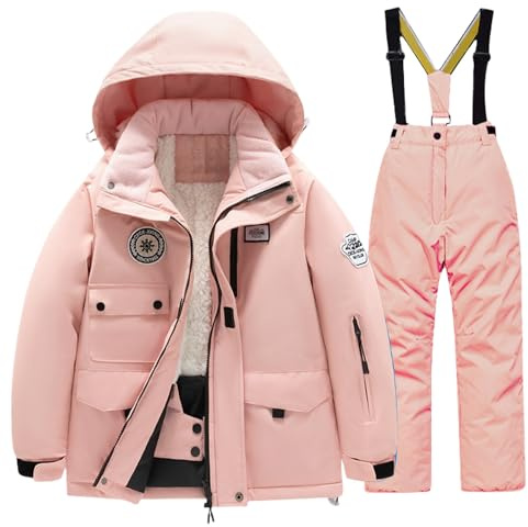 LOSVIP Combinaison de neige pour enfant garçon et fille avec capuche - Doublure polaire imperméable - Thermique - Multipoches - Combinaison de ski - 2 pièces - Veste de ski, Rose, 12-13 ans