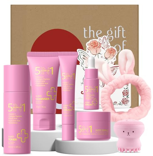 5 IN 1 Glow Up Skincare Set, 7 Pezzi Kit Cura Della Pelle Donna, Prodotti Skincare Viso Kit da Viaggio, mit Spazzola Pulizia Viso & Fascia Capelli , per Ragazze Adolescenti Idratare la Pelle