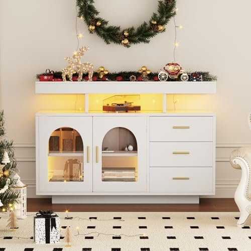 Fppuueg Aparador Moderno con Iluminación LED y 3 Cajones Aparadores para Salon Moderno con Compartimentos Abiertos, Aparador Cocina, Buffet Comedor, Alto Brillo para Dormitorio, 120x40x80 cm, Blanco