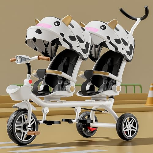 Trehjuling med dubbel barnvagn – lätt tandem tvåsitsig pedalcykel med solskydd, robust ram för utomhuslek, lämplig för pojkar och flickor i åldrarna 1-7