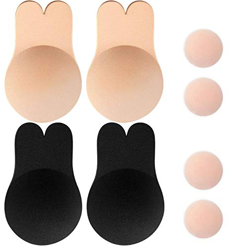 Memoryee Women's Push Up Adhesive Silicone Invisible Rabbit Bra Reusable Lifting Bra Cups Nipple Cover/Beige+Black-2Pair/M(A/B Cup)