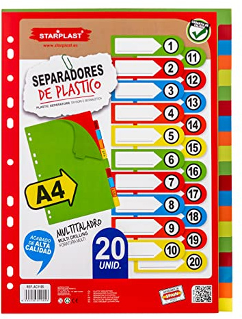 Starplast Pack 20 Separadores Flúor - Para Carpeta o Archivador 2-4 Anillas, Organizadores, Polipropileno, Índice, Multitaladro, Clasificador, uso Escolar o de Oficina.