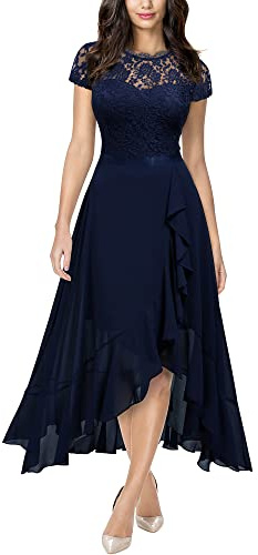MIUSOL Women's Elegant Floral Lace Ruffle Evening Formal Wedding Guest Party Maxi Dress (X-Large, Navy Blue)