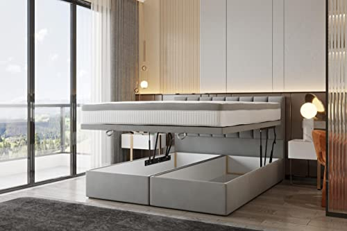 TRADA Boxspringbett Bond 140 x 200 mit Bettkästen mit 9-Zonen Taschenfederkernmatratze Grau Gasdruckfeder