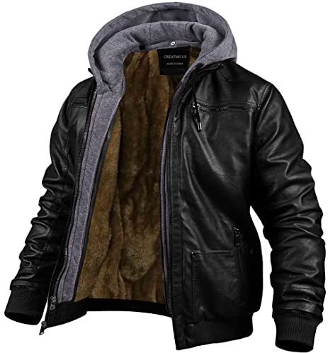 CREATMO US Leather Bomber Jackets for Men Hood Jackets Leather Jacket-Fall Winter Vintage Motorcycle Biker Jacket with Removable Hood Black Velvet Lined XL