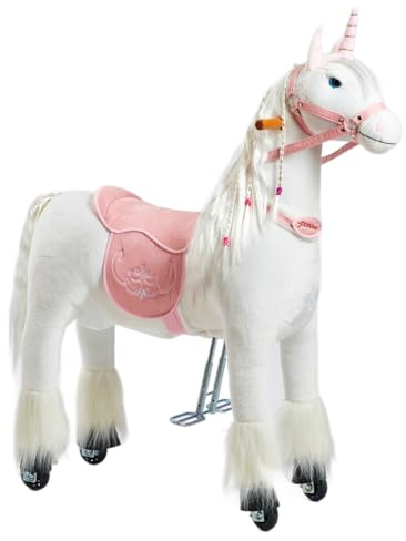 PONNIE Einhorn mit Rollen Unicorn M für Kinder 5–12 J (50 kg) – Mechaniches Ohne Batterie – Mitwachsend Dank höhenverstellbarer Steigbügel – Kämmbar, abnehmbar rosa Sattel – drinnen&draußen – 107 cm