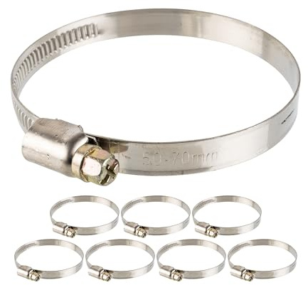 Fascette stringitubo con vite senza fine, 8 pz, gamma di serraggio Ø 50-70 mm, per tubi flessibili da 2 1/2, Acciaio inox W2, incavo a croce 7, larghezza banda 9 mm, per il fissaggio di lavatrici