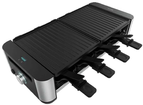 Cecotec Raclette Cheese&Grill 16000 Inox Black, 8 personnes, Grill de 1400 W, 40 x 22 cm, Thermostat réglable, Plaque de cuisson antiadhésive, Comprend 8 poêlons et 8 spatules.