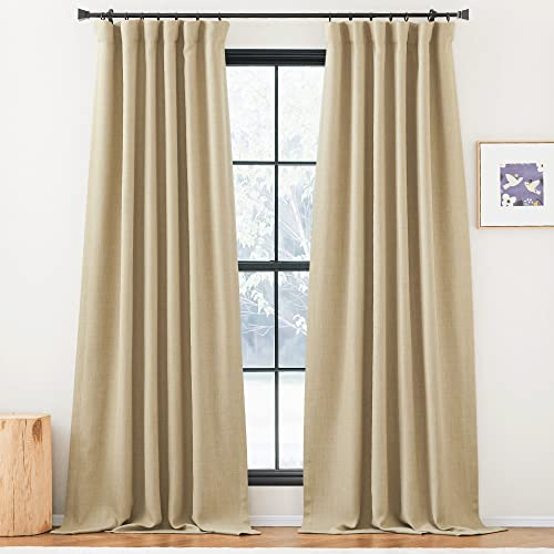 PONY DANCE Linen Look Blackout Curtains with Ruffle Tape 2 Pieces H 260 W 140 cm Curtains for Living Room Thermal Cold Protection Oatmeal