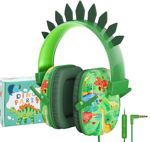 Auriculares de Diadema para Niños, Auriculares Infantiles Ninas con Cable, Límite de Volumen, Almohadillas Suaves para Los Oídos, Niños Cascos con cable, Cascos Musica, con Micrófono (Dinosaurios)
