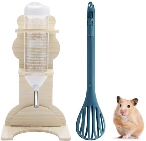 HENGBIRD Hamster Trinkflasche mit Holz Ständer und Clip, 125 ml, Nagertränke für Hamster, Meerschweinchen