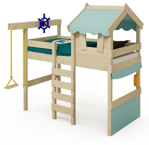 Wickey Kinderbett Crazy Gloomy - Hochbett, Spielbett für Kinder aus Massivholz mit Planendach - 90 x 200 cm - pastellblaue Plane