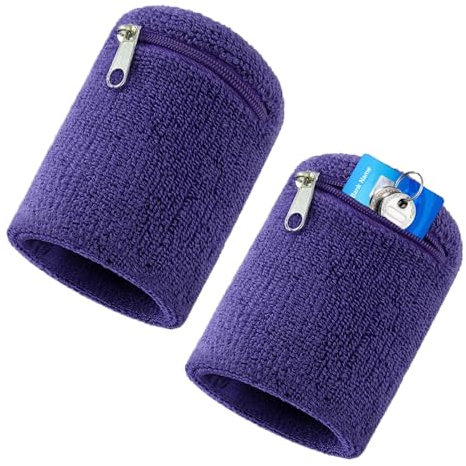 Schweißband Handgelenk mit Tasche 2 Stück, Sport Wristband, Handgelenktasche mit Praktischer Reißverschlusstasche, Baumwoll Schweißband Arm für Fußball, Basketball und Tennis Sport, Lila