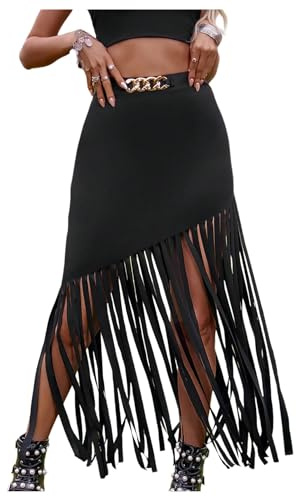 GORGLITTER Women's Asymmetrical Fringed Long Skirt High Waisted Chain Decor Party Maxi Skirts Black Medium