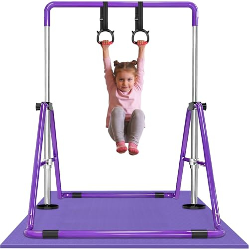 WATBKHE Barra de Gimnasia para niños, Ajustable y Plegable, Barra de Entrenamiento con Anillos, Barra Horizontal Resistente para niños y niñas