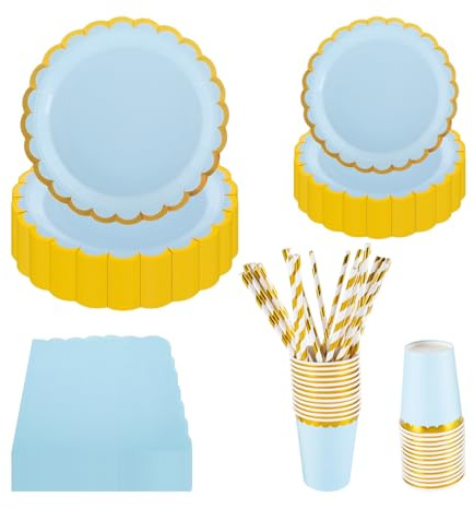 PHUNAT 25-Guests Blue Party Tableware Set - 125PCS Foil Gold Flower Shaped Paper Plates, Cups, Napkins & Straws - Blue Party Supplies for Birthday, Picnic, Wedding, Baby Shower