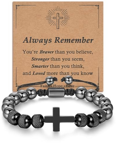ilasif Cross Bracelet Christening Gifts for Boy, Adjustable Woven Bead Son Bracelet Gifts for Teen Boys, Christmas Birthday Baptism Christian Gift for Son Grandson Nephew Brother (Always Remember)