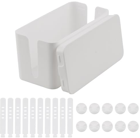 AWBEOT Boîte de Rangement pour Câbles, Boîte de Gestion des Câbles, Boite Cache-Cable, Cache Multiprise, Garder Les Cables Bien Rangés,Blanc et Noir,avec 10 bandes de rangement,10 clips (Blanc, Petit)