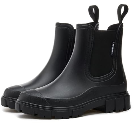 MIEHUIAI Botines de agua para mujer, botas cortas Chelsea impermeables, botas de lluvia sin cordones, zapatos de jardín para exteriores, Negro 201, 38.5 EU