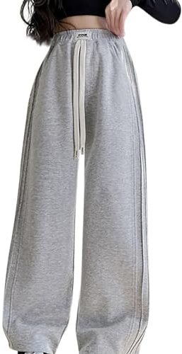 Pantalon de sport ample avec cordon de serrage pour adolescentes - Pantalon de jogging droit avec poches - Bas d'école décontractés et élastiques à taille haute en coton pour enfants, gris, 12-13 ans