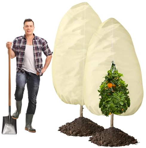 Mittimiya Lot de 2 protections hivernales pour plantes d'extérieur, 120 x 180 cm, 70 g/m², protection hivernale pour plantes en pot, avec fermeture éclair et cordon de serrage, réutilisables, housses