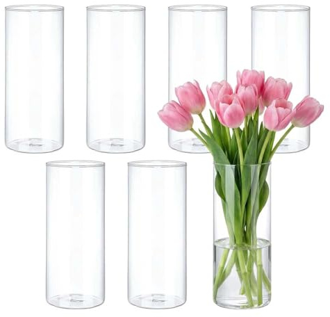 Glasvas-set, 7 cylindriska transparenta vaser för bröllop, bordsdekoration, ljushållare, blomarrangemang (20 cm, 7 st)