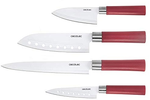 Cecotec Set di 4 coltelli professionali in stile giapponese per uso domestico. Rivestimento in ceramica. Set di coltelli Santoku (rosso)