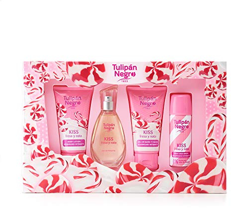 Tulipán Negro - Estuche Fresa y Nata, Colonia 50 ml + Loción Corporal 75 ml + Gel de Baño 75 ml + Desodorante Spray 50 ml, Fragancia Dulce y Cremosa
