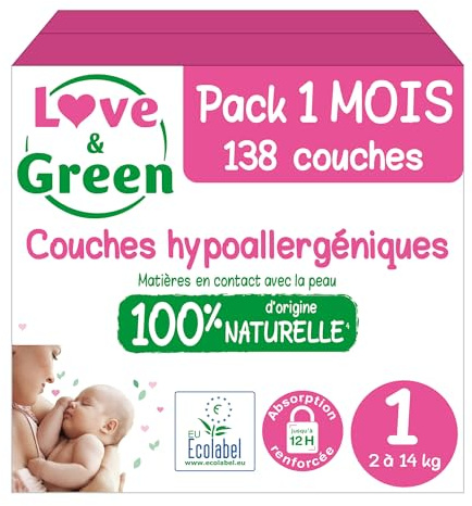 Love & Green - Couches Bébé Saines et Ecologiques - Taille 1 (2-5 Kg) - Pack 1 Mois (138 Couches) - Absorbante, anti-fuites et sans ingrédients indésirables