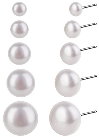 1/5 Pairs Pearl Earrings for Women,925 Sterling Silver Hypoallergenic Freshwater Natural Cultured Pearl Earrings Set,Big Small White Pearls Earrings Stud for Women Men Girls Jewellery Christmas
