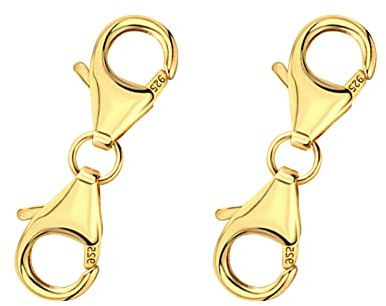 ALEXCRAFT 4 styck, 925 sterlingsilver, kedjeförlängning, dubbelt karbinlås, silver, 14k förgyllt kedjelås, förlängning, lås för armband/kedja/halsband/fotkedja/smycke gör-det-själv